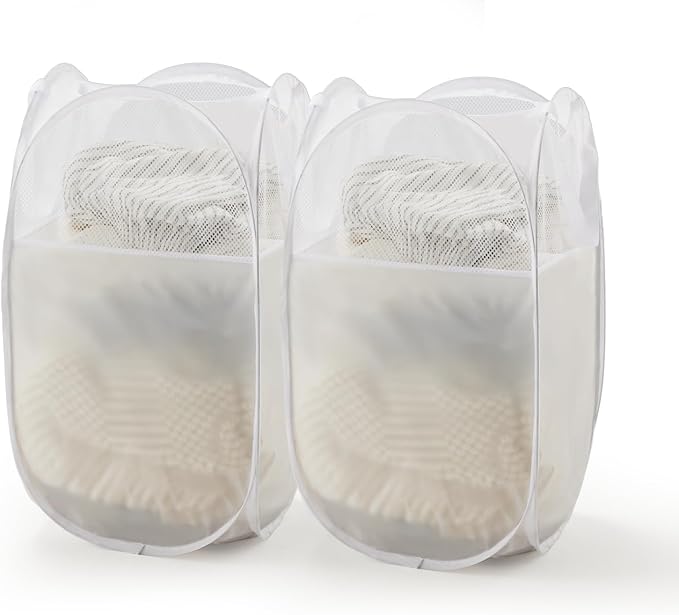 TECHMILLY Pop Up Foldable Laundry Basket, Mesh Laundry Hamper with Reinforced Handles for Dirty Clothes Storage in Dorm, Laundry Room, Bathroom, White(Fabric), 2 Pack