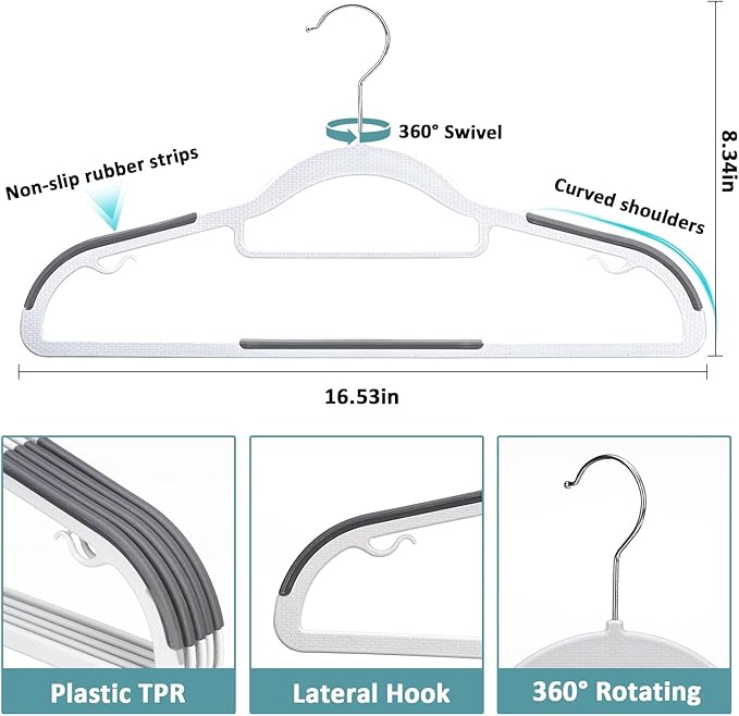 LMTrystFit 50-Pack Plastic Coat Hangers, Non-Slip, Space-Saving, 0.2 Inches Slim, 360° Swivel Hook, Sturdy Clothes Hangers for Suit, White and Dark Gray