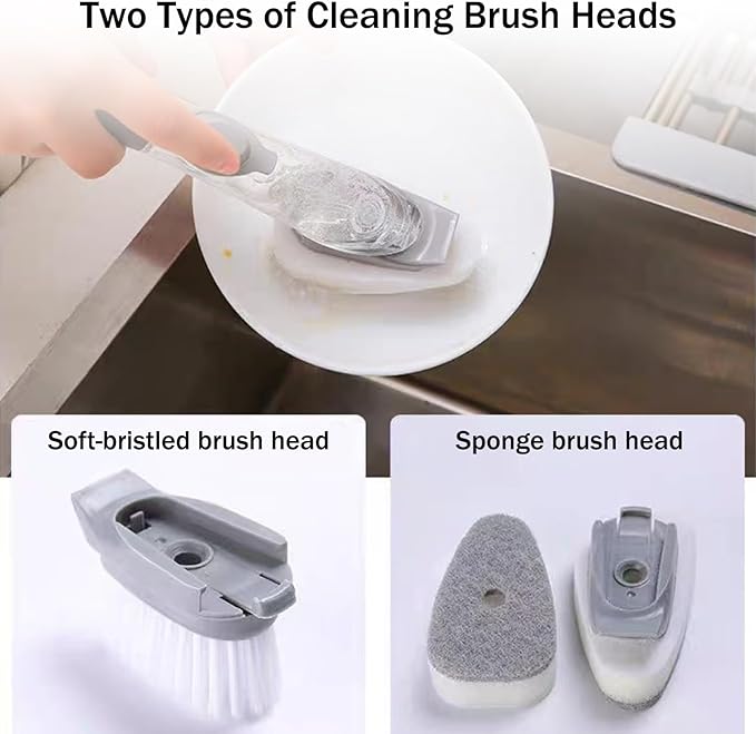Soap Dispensing Dish Brush with Holder, Kitchen Pot Pan Scrub Brush Set with Replaceable Brush Head, Sink Cleaning Brush with Storage Tray (3-piece Brush Head Set)