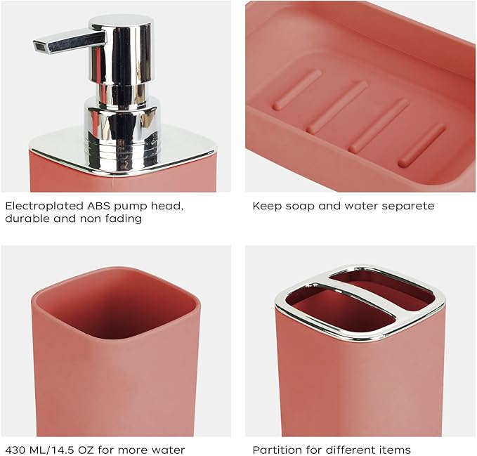 4Pack Bathroom Accessories Set, Bohemian Bathroom Sink Set, Contain Soap Dispenser, Toothbrush Holder, Soap Dish & Mouthwash Cup,Square soap and Toothbrush Holder Set