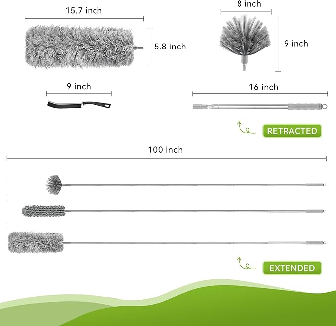 7-in-1 Telescopic Duster Kit with 100-Inch Pole, Microfiber & Cobweb Brush for Ceiling Fans, Blinds, High Cleaning