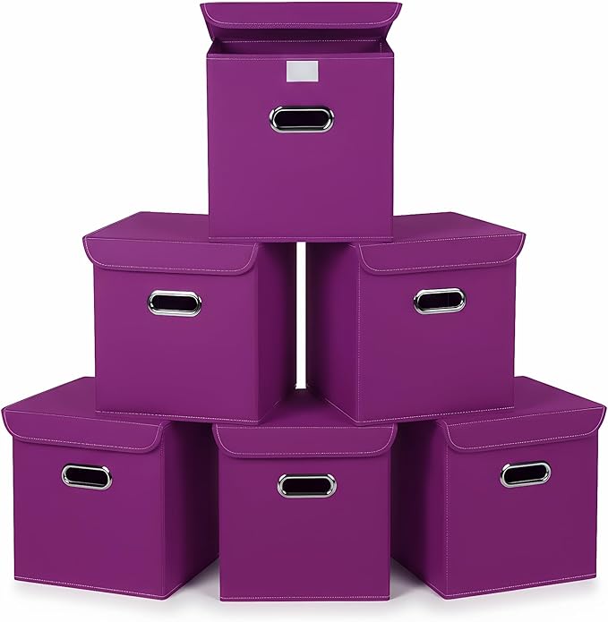 Closet Organizers Fabric Storage Bins With Lids Collapsible Cube Storage Organizer Basket With Handles,Storage Boxes for Clothes Storage,Office,Laundry,Shelves,6 Pack,（Purple）
