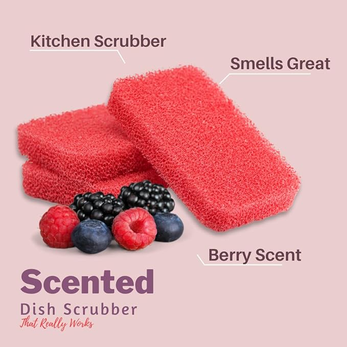 Peachy Clean Silicone Dish Sponge Scrubbers, Fresh Berry Scent, Non-Scratch, Odor-Resistant, Durable Dish Sponges for Kitchen 3pk