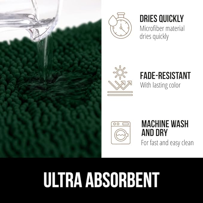 GORILLA GRIP Bath Rug Mat 30x20, Thick Soft Absorbent Chenille, Quick Dry Microfiber Mats, Rubber Backing Washable Shower Floor Rugs, US Designed Bathroom Bathmat Home Decor Accessories, Hunter Green