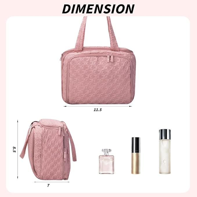 SUNRISING Travel Toiletry Bag, Lightweight Large Wide-open Travel Bag for Women, Puffy Cosmetic Makeup Bag Organizer with Handle for Accessories Essentials Toiletries - Pink