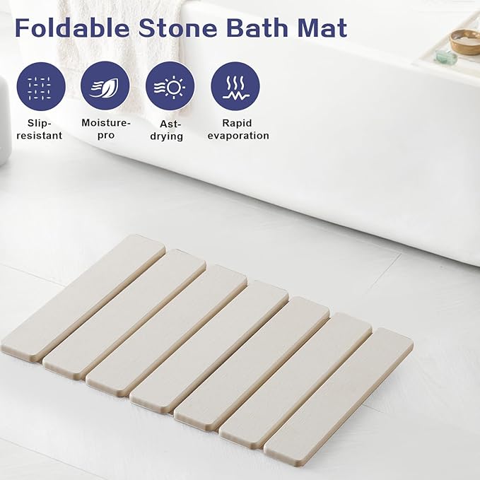 ODE TO ORDER 15.76 Inch Super Absorbent Diatomaceous Earth Mat for Bathroom, White Easy Clean Rollable Foldable Stone Bath Mat, Non-Slip Quick Dry Shower Mat for Kitchen,Outdoor Use