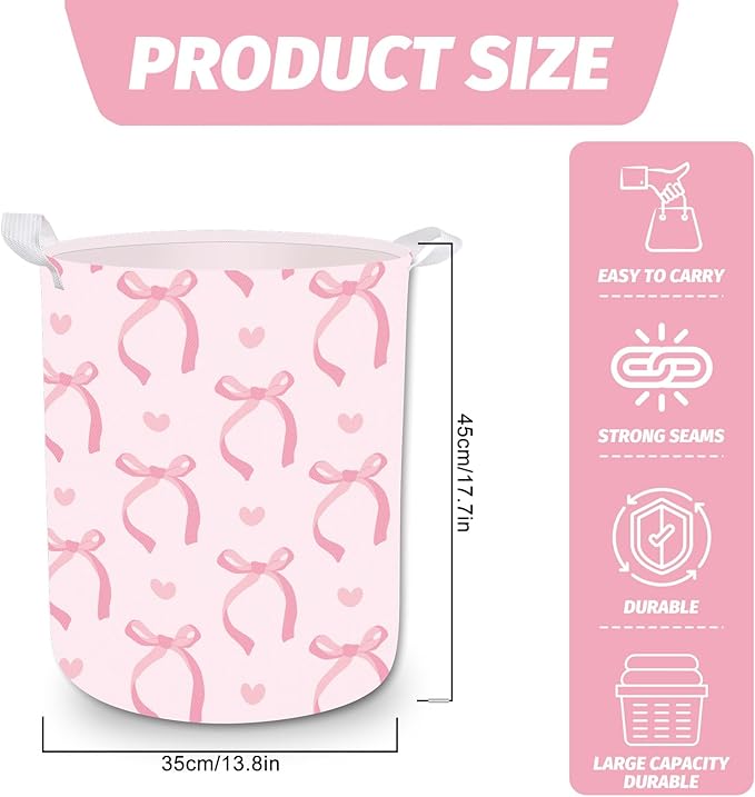 Laundry Basket Coquette Pink Bow Laundry Hamper Foldable Fabric Storage Bin with Handles Clothes Storage Bucket for Bathroom Girl Bedroom Dorm Toy Organizer