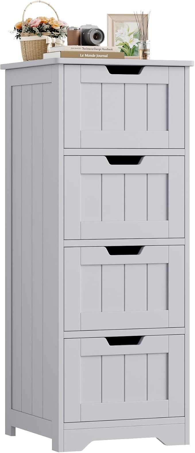 FOTOSOK Bathroom Storage Cabinet, Bathroom Cabinet with 4 Drawers, 11.8” x 11.8” x 32.5” Freestanding Entryway Cupboard Storage Organizer Unit Home Furniture Decor, Grey