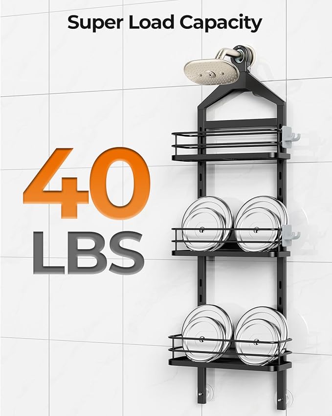 ODesign 3 Tier Height-Adjustable Shower Caddy Hanging Hanger Anti-Swing-Over The Shower Head Caddy-Shower Storage Organizer Bathroom Shelves Basket Shower Caddies-Black,11.9" x 4.84" x 36.2"