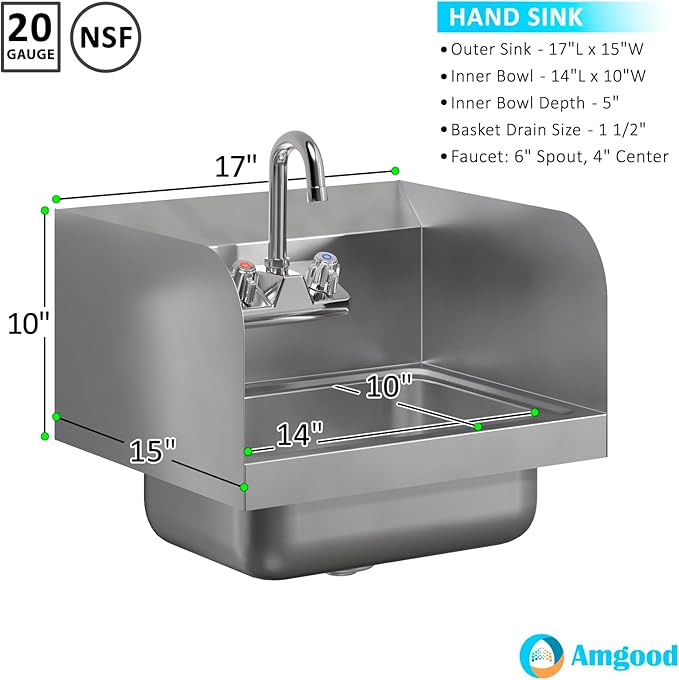 AmGood Stainless Steel Wall Mount Hand Sink with Faucet and Sidesplash 17" x 15" | NSF Commercial Hand Washing Basin For Restaurant, Kitchen and Home | Bowl Size: 10" x 14"