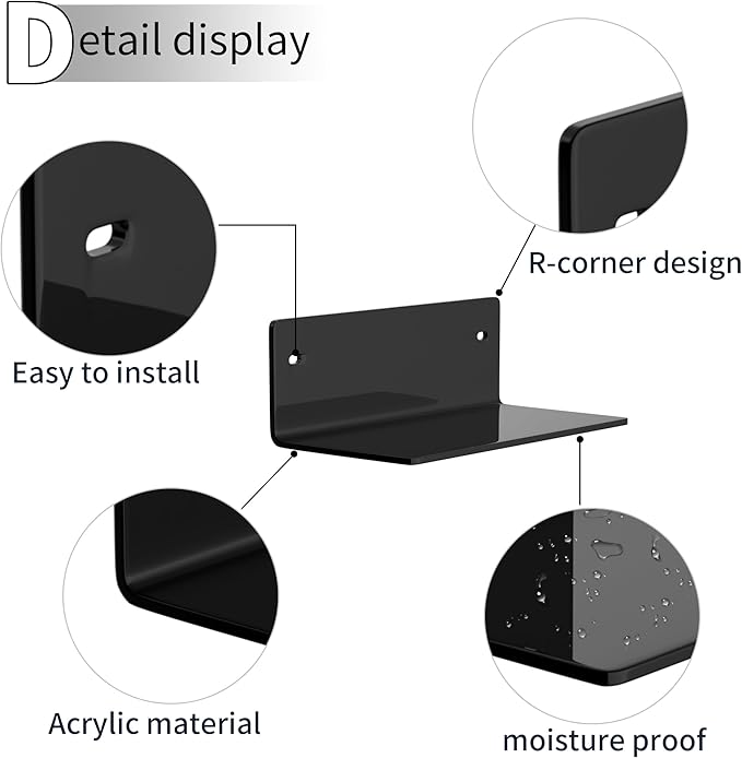 8 Inch Black Small Wall Shelves, Acrylic Wall Mounting Ledges Display, Acrylic Black Shelf for Figures, Collectibles, Plants, Décor, Toiletries, 4'' Depth, 2 Pack