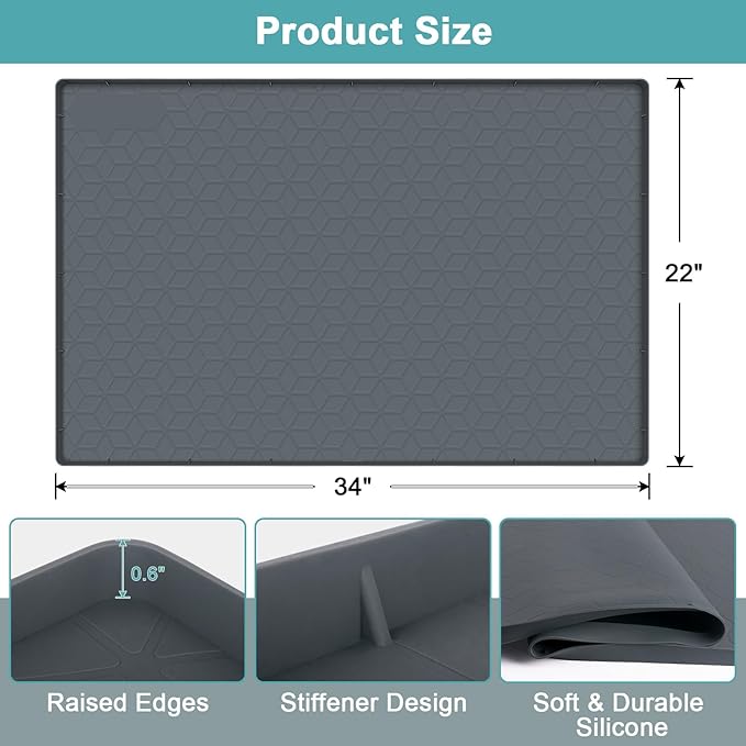 Under Sink Waterproof Mat for Kitchen 34" x 22", Silicone Under Kitchen Sink Mats and Protectors for Cabinets, Under Sink Tray Liner, Cabinet Mat for Kitchen Multipurpose Pet Mats, Rhombic Gray