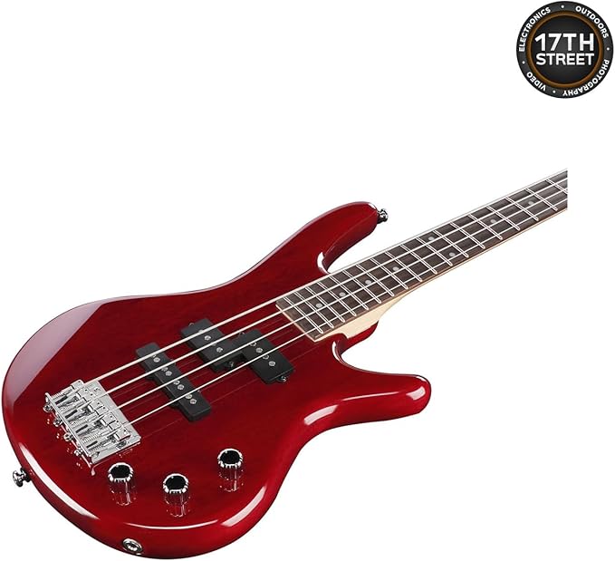 Ibanez GSRM20 4-String Bass Guitar (Transparent Red) - Right Handed Poplar Body Bass with GSF50 Powerpad Strap, 15 Pack Guitar Picks with Storage Box & Microfiber Cleaning Cloth (Bundle Set)