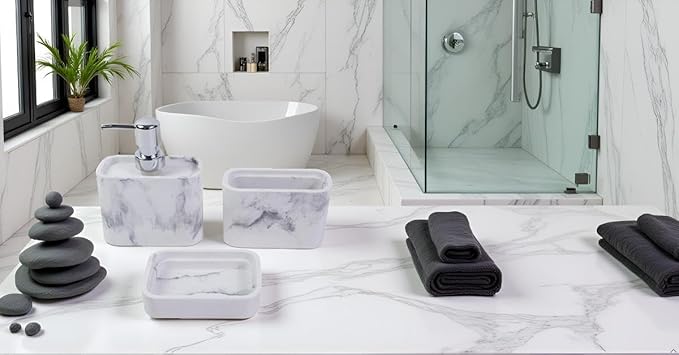 Hymmah Marble Pattern Bathroom Accessories Set, Toothbrush Holdr Set, 3 Pieces Resin Bathroom Set with Toothbrush Holder, Soap Dispenser, Soap Dish,Tumbler (Marble)