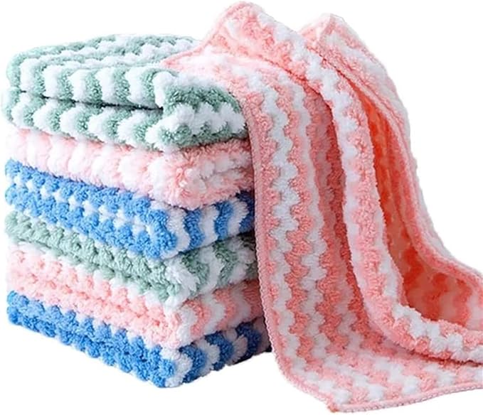 Coral Fleece Striped Rag Cleaning Dish Cloth, Circulatik Microfiber Cleaning Rag, Non Stick Oil Fast Drying Reusable Washable Towels (5PCS)