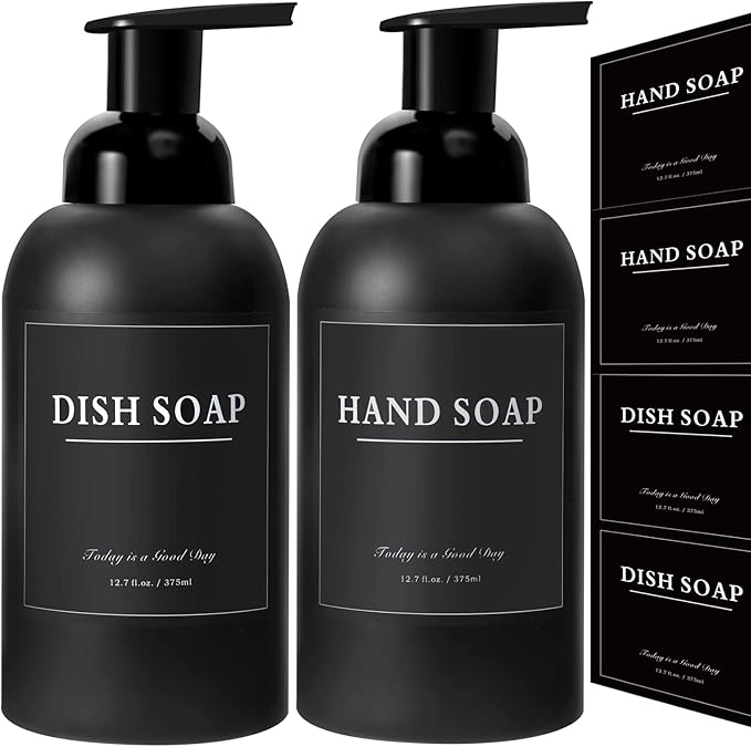 rejomiik 2 Pack Foaming Thick Glass Foam Hand Soap Dispenser for Bathroom or Kitchen Sink, 13 oz Pump Bottles for Hand soap, Body Wash, Matte Black