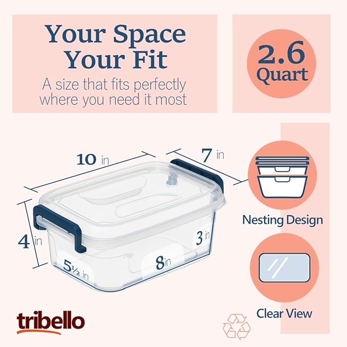Tribello Small Clear Storage Bins with Lids, Bulk 16-Pack Stackable Plastic Storage Containers for Home Organization – Totes for Closet and Underbed Storage, 2.6 Quarts