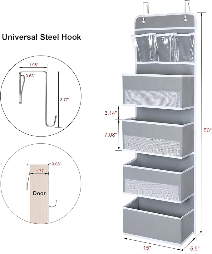 Univivi Door Hanging Organizer Nursery Closet Cabinet Baby Storage with 4 Large Pockets and 3 Small PVC Pockets for Cosmetics, Toys and Sundries with Gift Box (Grey)