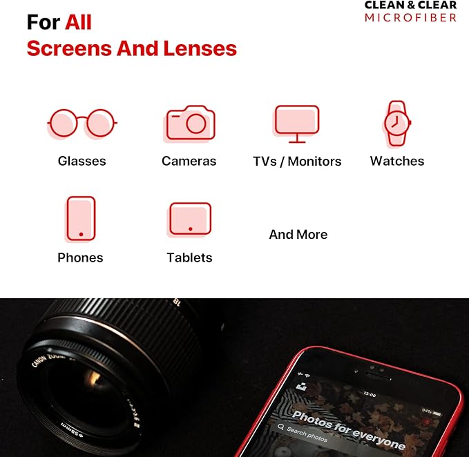 Clean & Clear Microfiber Cleaning Cloth, EXTRA LARGE [6 Pack] ULTRA PREMIUM Microfiber Cleaning Cloth - Microfiber Cloth for Camera Lens, Glasses, Screens, and all Lens.