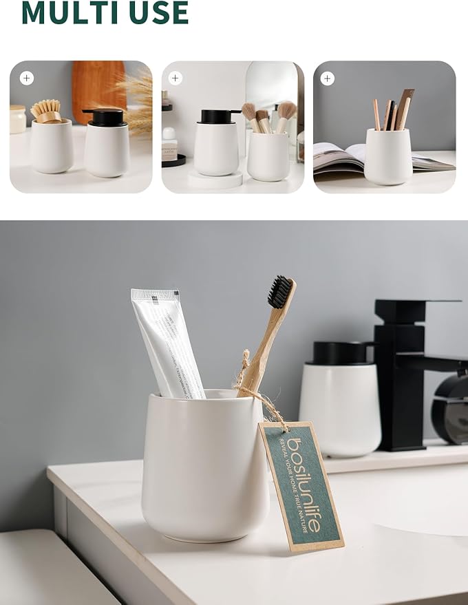 Bosilunlife Soap and Toothbrush Holder Set - Ceramic Bathroom Accessories Set White Foaming Hand Soap Dispenser Set Bathroom Counter Toothbrush Holder and Soap Dispenser Set