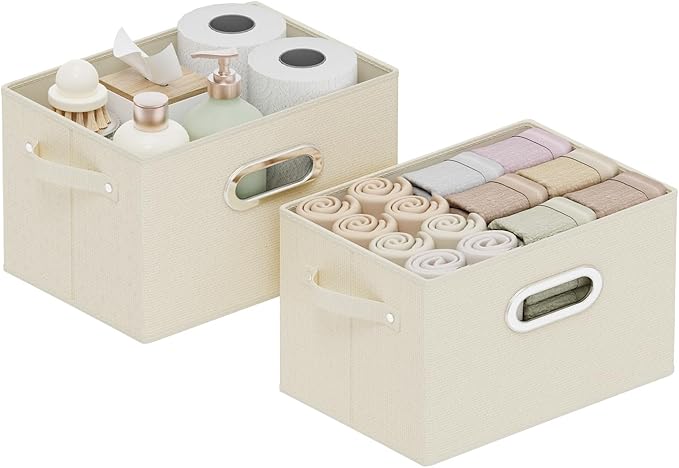 Foldable Cloth Basket with 3 Handles, Decorative Open Storage Boxes, Stackable Cube Organization, Fabric Bins for Shelves, Closet, Living Room, 10.2x7.9x6.7in, Beige, 2 Pack