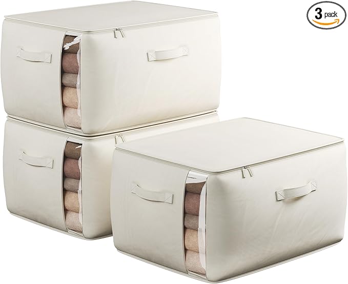 TomVista Large Canvas Clothes Storage Bags with Thick Handles and Clear Window, Foldable Cotton Linen Underbed Closet Organizer for Clothing, Blankets and Bedding, 60L, 3 Pack, Beige