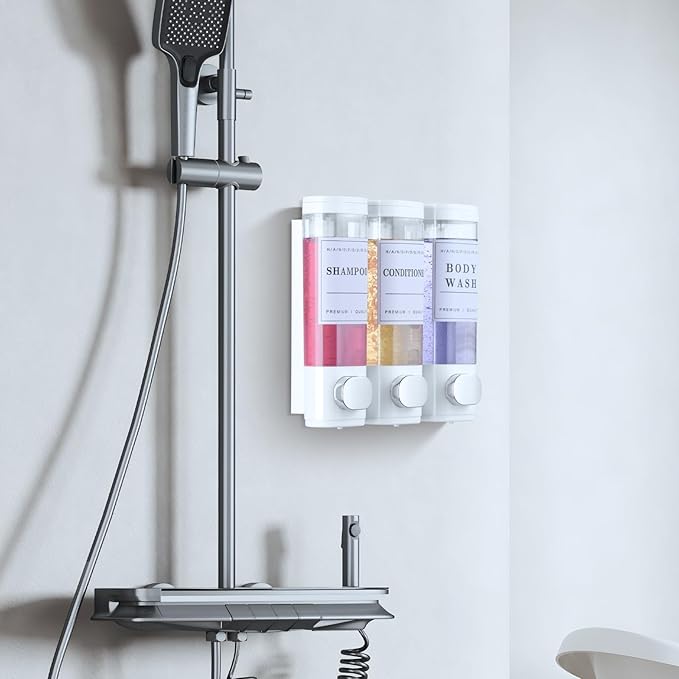 Shower Soap Dispenser Wall Mounted No Drill Shampoo Dispenser for Shower Wall Shampoo and Conditioner Dispenser Bathroom Hote 3 * 300ml White with 3 Labels