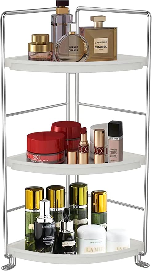 3-Tier Corner Bathroom Counter Shelf Stackable Perfume Storage Holder Makeup Countertop Organizer Standing Vanity Tray Kitchen Spice Rack,White and Silver