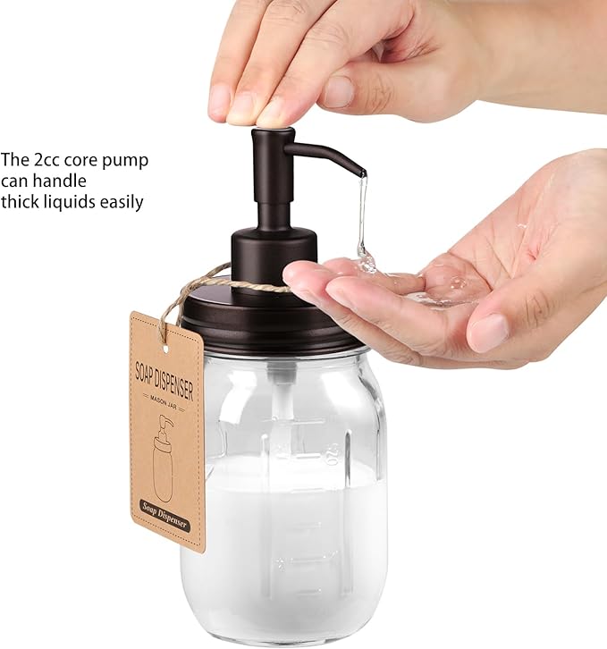 SheeChung 16 Oz Mason Jar Liquid Soap Dispenser, Glass Hand Soap Dispenser, Stainless Steel Pump Lid, Refillable Lotion Dispensers for Bathroom Countertop Kitchen (2, Bronze)