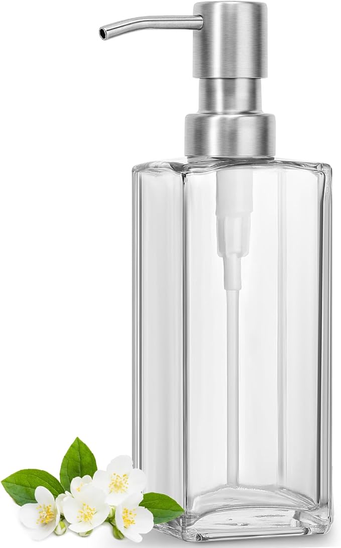 GMISUN Glass Soap Dispenser with Stainless Steel Pump, Clear Hand Soap Dispenser for Bathroom, 12 fl oz/350ml Dish Dispensers for Kitchen, Modern Refillable Liquid Soap Lotion Bottle for Countertop