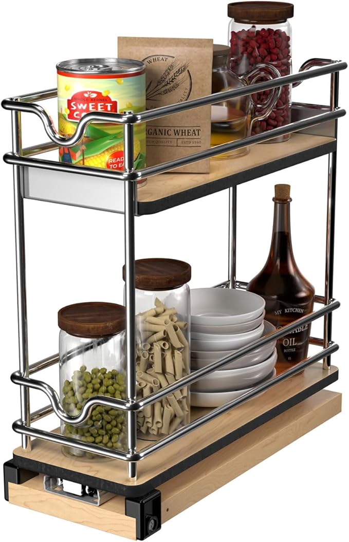 Rev-A-Shelf 5" Pullout Organizer for Cabinets, Two-Tier & Single-Wide Upright Sliding Storage for Kitchen Shelf, 5WU2-5W1-1