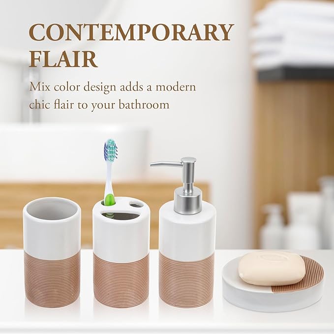 MyGift 4 Pcs Soap Dispenser and Toothbrush Holder Set, Ceramic Bathroom Accessories Set, Soap Dish, Pump Dispenser, Tumbler Cup, Dual Tone White with Clay Stripe