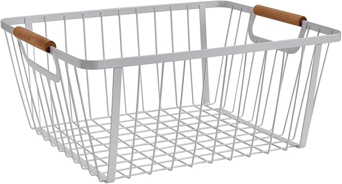 LeleCAT Wire Baskets with Wooden Handle ,Metal Wire Storage Baskets Country Vintage Style Storage Baskets.Storage bins for Kitchen,Bedroom,Bathroom,White,Set of 2