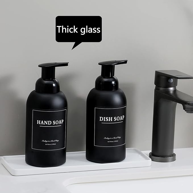 rejomiik 2 Pack Foaming Thick Glass Foam Hand Soap Dispenser for Bathroom or Kitchen Sink, 13 oz Pump Bottles for Hand soap, Body Wash, Matte Black