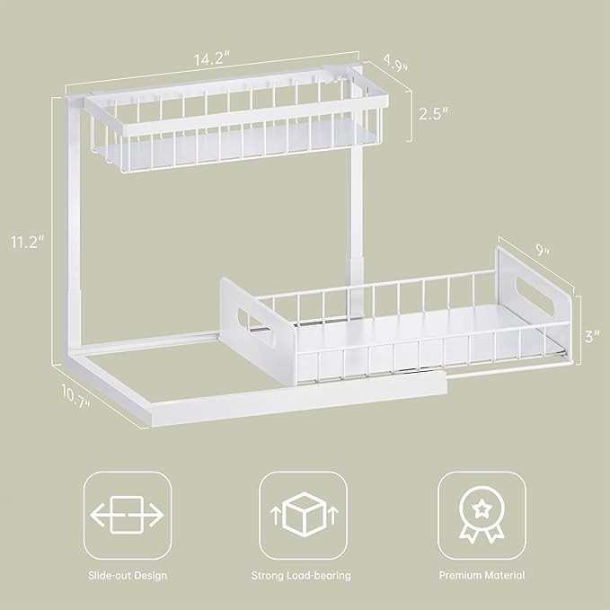 VUSIGN Under Kitchen Sink Organizer 2 Tier, Pull Out Bathroom Sink Organizers and Storage, Cabinet Kitchen Bathroom Storage Organization Shelf, 2 Pack White