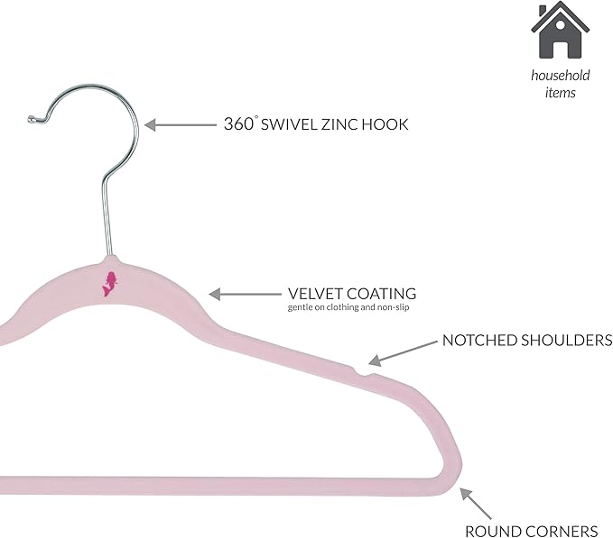 Simplify 25 Pack Kids Velvet Hangers | Slim | Non-Slip Design | Space Saving | Childrens Clothes | Shirts | Pants | Dresses | Baby Nursery | Closet Storage & Organization | Blush