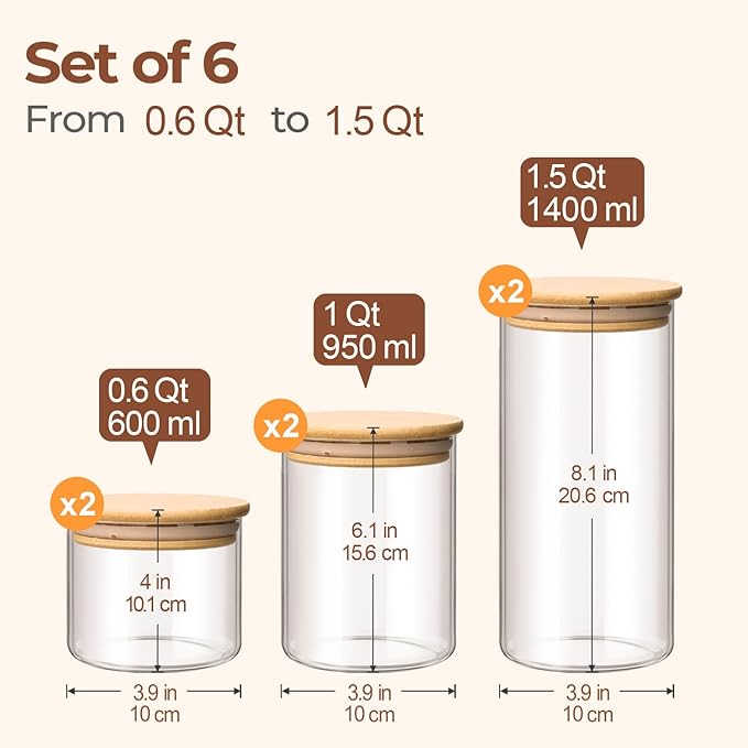 ComSaf Glass Storage Containers with Lids (0.6qt/1qt/1.5qt) Set of 6,Glass Pantry Storage Containers with Airtight Lid & lables for Dry Food, Snacks, Nuts, Stackable for Kitchen, Pantry Organization