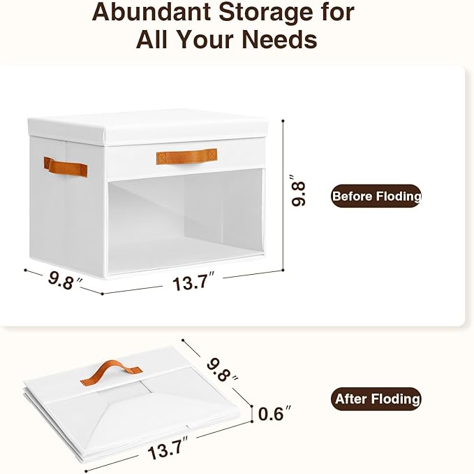 Large Storage Bins with Lids - 3 Pack Foldable Decorative Organizers with Clear Windows & Handles, Cube Storage Organizers for Clothes, Blankets, Sweaters, Sheets, White