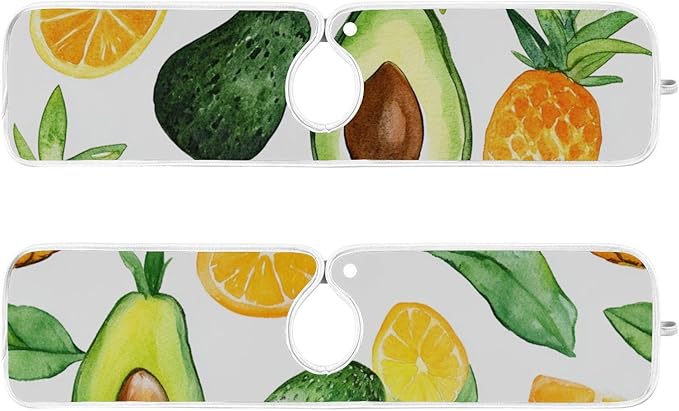 Sink Faucet Absorbing Mat Kitchen Sink Splash Guard Splash Faucet Drip Catcher for Bar RV Bathroom 2PCS 14.9x5.5in Cartoon Green Avocados Pineapples