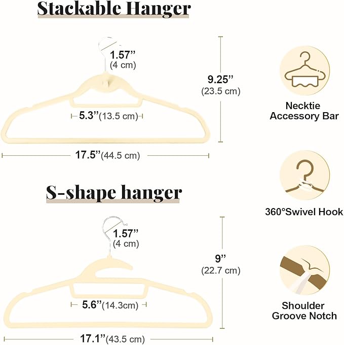 Velvet Hangers 50 Pack, S-Shaped and Stackable Non Slip with 360°Swivel Hook, Ultra Thin and Space Saving Flocked, for Suits, Shirts, Coats, 15Lbs Capacity Heavy Duty, Ivory