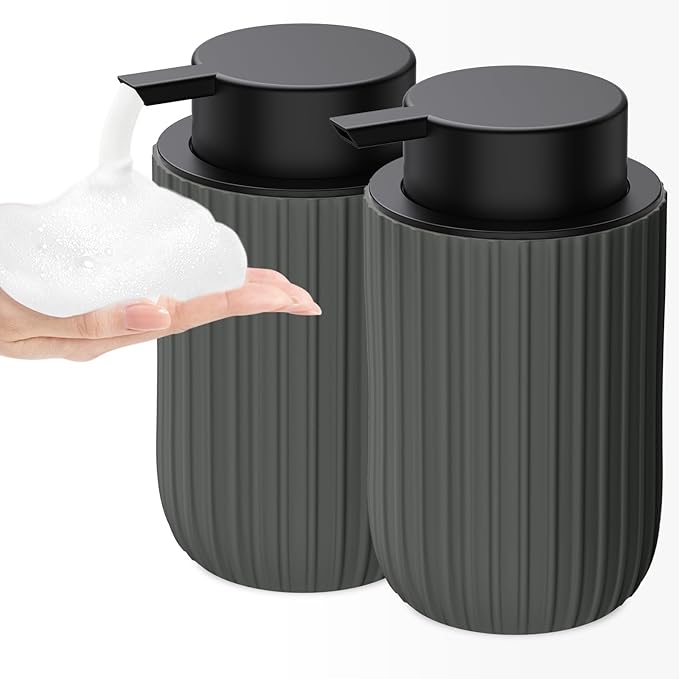 Ceramic Foaming Soap Dispenser, 12 oz Bathroom Foam Hand Soap Dispenser, Refillable Lotion Soap Dispenser with Removable Pump for Kitchen Hand Wash Dispenser, Modern Home Decor(2Pack-Matte Grey)
