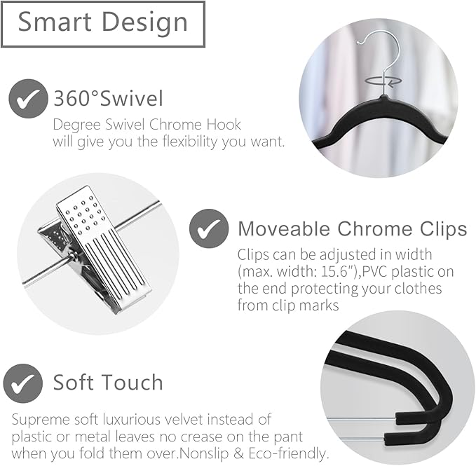 MIZGI Premium Velvet Pants Hangers with Clips (Pack of 30) Slim Skirt Hangers- Non Slip Felt Outfit Dress Hangers Black - Swivel Hooks,Space Saving Shirt Clothes Hangers
