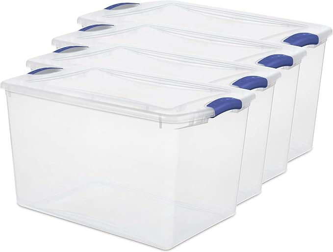 4-PACK, 66QT Transparent Plastic Storage Box with a Secure Locking Cover, Stackable, Suitable For Organizing Household Items, Garage and Office Use.