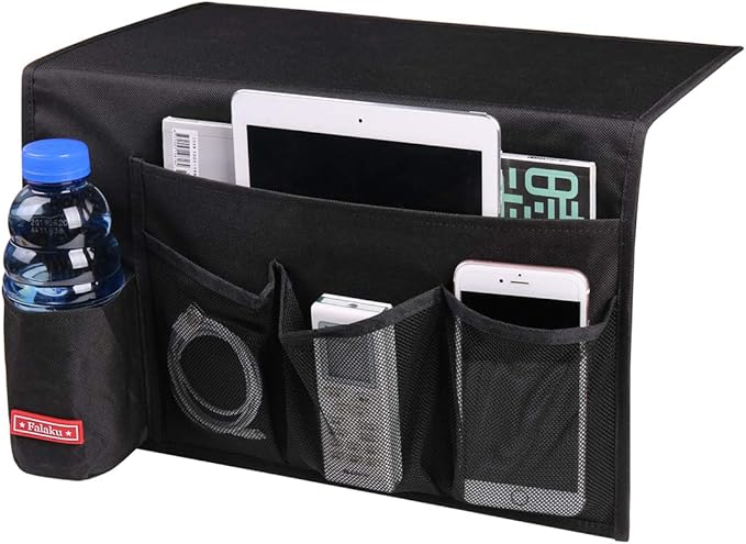 Falaku Bedside Caddy,5 Pockets Bedside Organizer Caddy Under Mattress,Holds Water Bottles,Magazines,Books (Black)