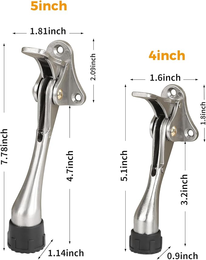 Kickdown Door Stopper 5Inches - 2 Packs One Touch Adjustable Height Door Stop for The Bottom of Door The Bottom of Door Aluminum Alloy Metal Door Stopper with Rubber Tip Satin Nickel