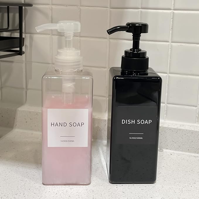 Soap Dispenser with Waterproof Labels, Thickened Plastic Hand Soap Dispenser for Bathroom, Kitchen Dish Washing Liquid Bottles, Shampoo and Conditioner Bottles with Funnel (16oz 4Pack Black Clear)