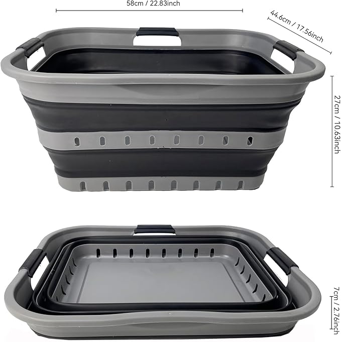 SAMMART 42 (11 Gallons) Collapsible Plastic Laundry Basket, Foldable Pop Up Storage Container/Organizer, Space Saving Hamper, Portable Bin for Dorm Room Bathroom (2, Grey/Black)