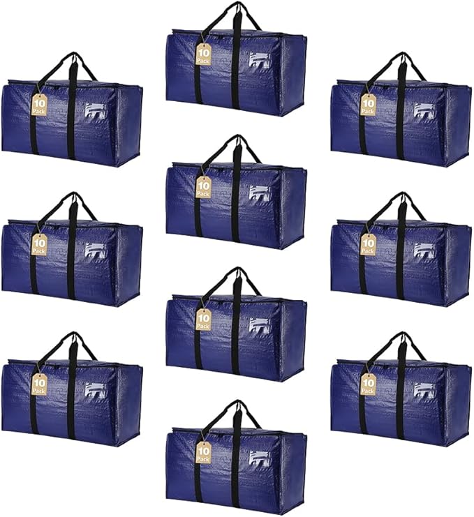 Cryster 10-Pack Blue Moving Bags with Strong Zippers,Heavy Duty Storage Totes With Comfortable Handles,Large Storage Totes for Student Supplies