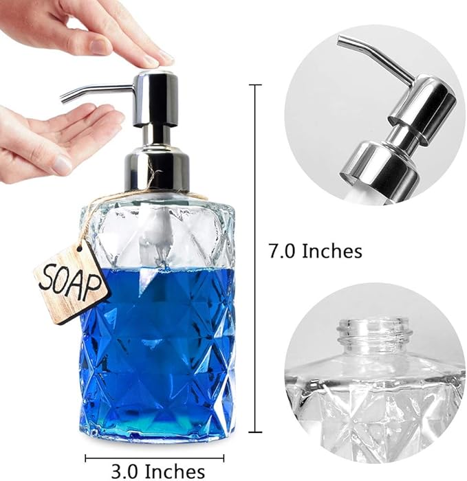 JASAI Diamond Design 12 Oz Glass Soap Dispenser, Kitchen soap Dispenser with 304 Rust Proof Stainless Steel Pump, Bathroom Soap Dispenser for Hand Soap, Soap, Lotion(Clear).