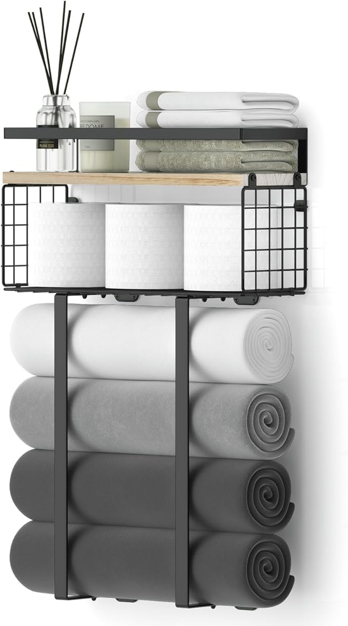 Towel Racks for Bathroom, Metal Towel Holder with Storage Basket,Wall Towel Rack for Rolled Towels, Towel Storage for Small Bathroom.